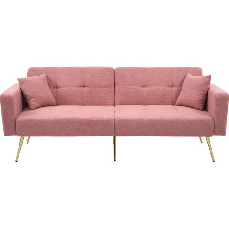 Sofá cama convertible rosa con respaldo ajustable, patas doradas, cojines y bolsillos laterales (1/5)