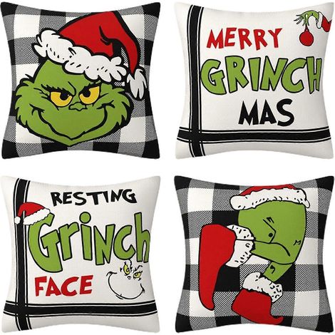 Lot de 4 housses de coussin Grinch, 45 x 45 cm, housses de coussin décoratives Grinch pour Noël. (1/4)