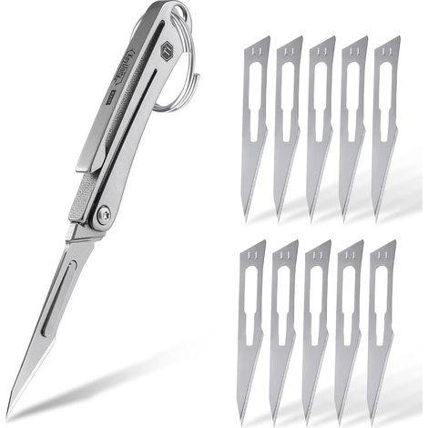 Mini Titane Scalpel Couteau avec 11 Interchangeables Lames EDC Utilitaire Pliant Couteau avec Poche Clip pour Camping Pêche Randonnée (KK07 Gris) (1/5)