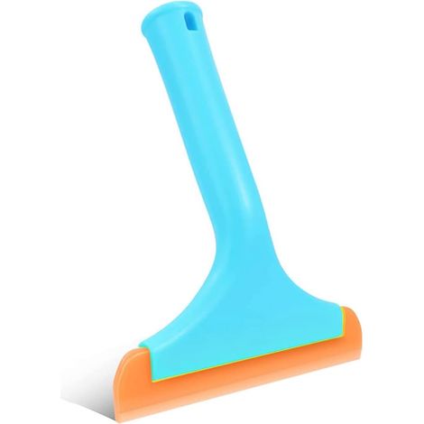 Raclette avec manche en plastique et silicone, idéale pour douches, portes vitrées, fenêtres, parois de douche, vitres et pare-brise de voiture (manche bleu, lame en caoutchouc orange).