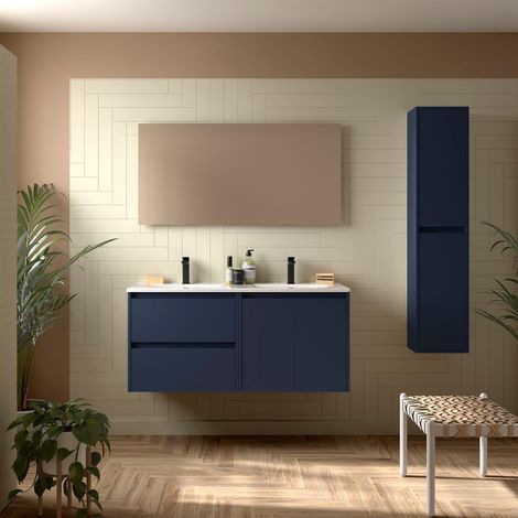Meubles de salle de bains NOJA 1200 2 portes et 2 tiroirs BLUE SATIN + Plan vasque (1/2)