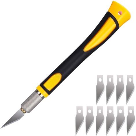 Scalpel avec 10 lames de Antirouille, Cutter de Précision, Scalpel Modelisme, pour Découpe de Travail d'art Bricolage, Spéléologie, Sculpture, Couteaux de Loisirs, Jaune
