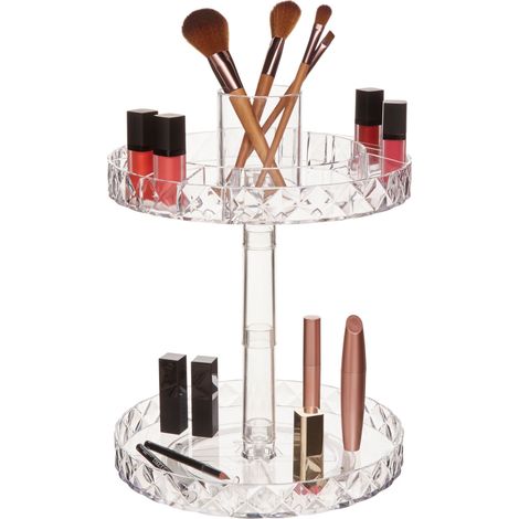 Premier Housewares Cosmetic Organiser With 2 Tier Round Compartments Clear Diamond Multipurpose Storage Statement Piece for Dresser / Bathroom With Rotating Base W26 X D26 X H34cm. (1/5)