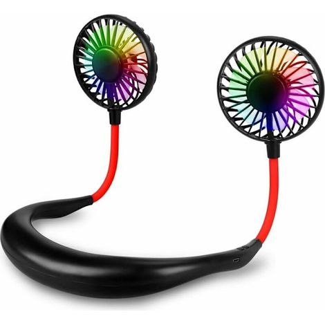 Ventilateur portable, ventilateur de cou, mini ventilateur de cou rechargeable par USB avec lumière LED, 3 vitesses, double flux d'air, idéal pour le bureau, les voyages et le sport (noir)-AquaForge