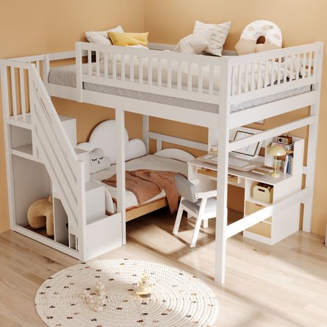 Lit cabane enfant 140x200 avec escalier de rangement, garde-corps haut, blanc (1/5)