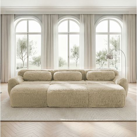 Divano modulare 3 posti khaki chiaro in tessuto plush senza struttura con 3 pouf e configurazione flessibile (1/5)