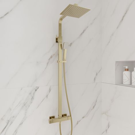 Square Brushed Brass Thermostatic Shower Kit with Fixed Head and Handset