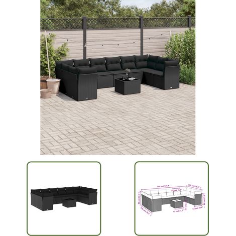 The Living Store 11-tlg. Garten-Sofagarnitur mit Kissen Schwarz Poly Rattan - Gartenmöbel - Esstischgarnitur - Outdoor Möbel - Lounge Set - Rattan Sofa (1/3)