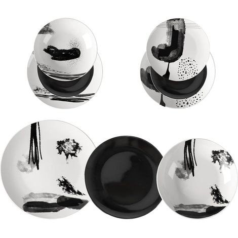 TrAdE Shop Traesio - Set Servizio Di Piatti Da Tavola In Porcellana Da 18pz Design Moderno Finiture Bianco Nero - (1/3)
