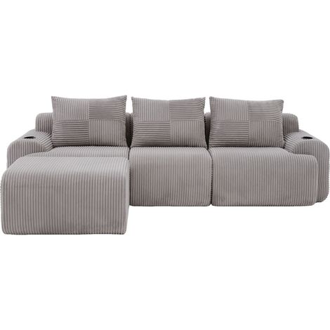 Divano modulare 3 posti in corduroy grigio chiaro con pouf, portabicchieri e tasca laterale (1/5)