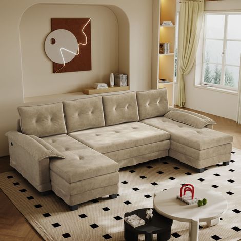Canapé d'angle convertible 278cm avec lit escamotable, chargeur USB, accoudoirs amovibles, design modulaire extra-large, canapé moderne salon, couleur chameau (1/5)