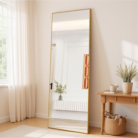 Ganzkörperspiegel 77 x 177 cm, quadratischer Standspiegel mit Rahmen and Aluminiumlegierung, Ankleidespiegel mit robustem Glas, für Schlafzimmer, Wohnzimmer und Garderobe, Gold (1/5)