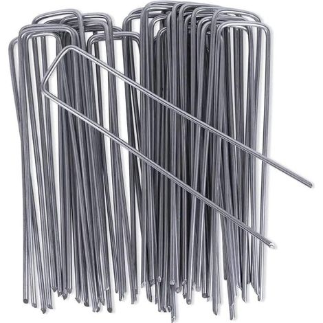 Piquets de Fixation en Acier Galvanisé (100 Pièces) - Agrafes de Fixation Solides pour Toile de Paillage, Grillage et Filets - 150 mm Long, 30 mm Large, Ø 3 mm