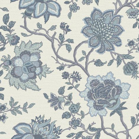 Jacobean Trail Wallpaper Floral Leaves Blue White Natural Flowers Feature Wall (1/4)