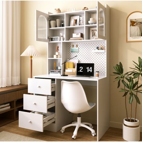 Coiffeuse blanc avec rangement 100x55x180 cm, Bureau vitrée, panneau perforé, 3 tiroirs, MDF (1/5)
