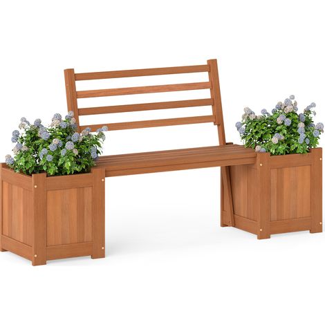 Jardinières d'Extérieur avec Banc 172 x 46,5 x 91 cm, Bac à Fleurs en Bois avec Dossier Base Ouverte et Finition à l'huile de Teck, Lit de Jardin