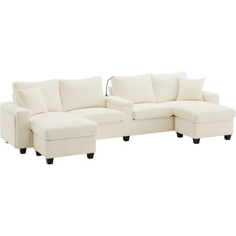 Divano a U in velluto a coste beige con 2 pouf, lampada da lettura, USB e Type-C (1/5)