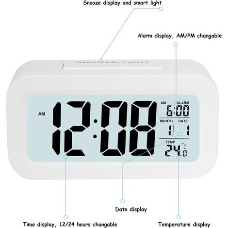 Réveil numérique, horloge numérique à piles, réveil silencieux pour enfants et adultes, grand écran LED, calendrier de température (blanc)