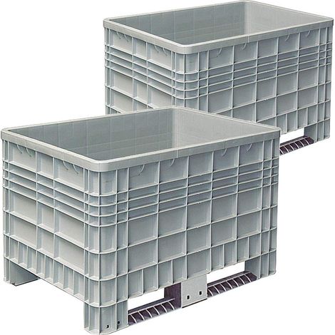 BRB 2x Palettenbox mit Außenrippen und 2 Kufen, Außenmaße LxBxH 1170 x 800 x 800 mm, PE-HD, grau