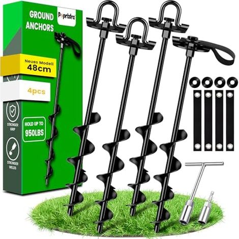Piquets 40 cm 4 pièces avec sangles, double fixation pour ancrages au sol, piquets robustes à visser, idéal accessoires de trampoline, résistant vent fort - (1/5)