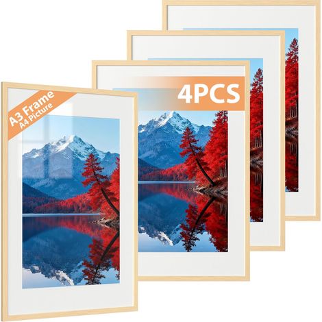 4 Pcs A3 Cadre, Cadre Photo A3 Display Pictures 20.5x28.7 cm avec Passe-partout ou 28.7x41 cm sans Passe-partout, Cadre Photo Horizontal et Vertical pour Mur ou Table, Ton Bois (1/5)