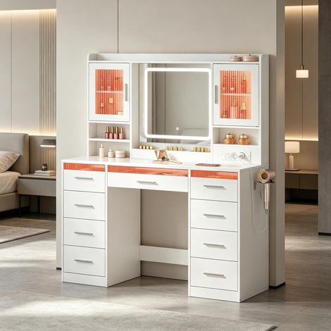 Tocador de madera de ingeniería y vidrio blanco con espejo LED y cajones (1/5)