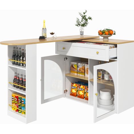 Tavolo da Pranzo con Scaffale a 3 Livelli, Ante in Vetro e Rotazione 360, in MDF, 138-204x39x104 cm, Bianco (1/5)
