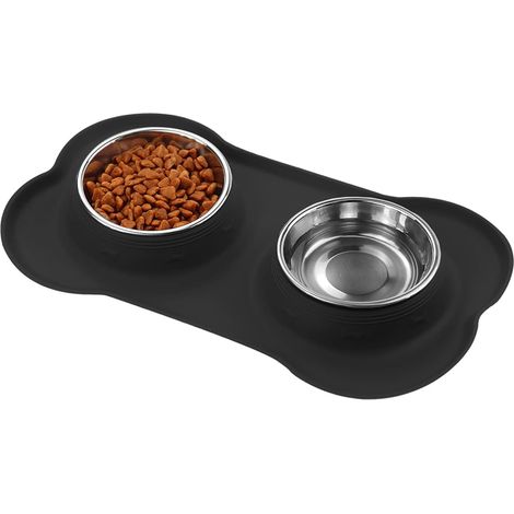Gamelles pour chiens et chats - 2 gamelles de 200 ml en acier inoxydable avec tapis en silicone antidérapant, station d'alimentation et gamelle d'eau, adaptées aux petits chiens ou chats. (1/5)