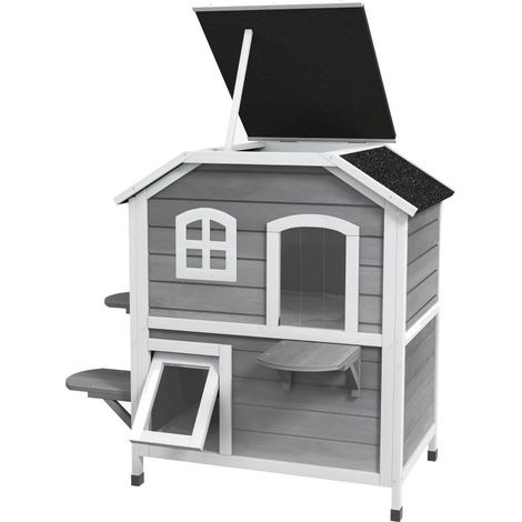 Casa para gatos exterior de dos pisos de madera resistente a la intemperie, puerta de emergencia, techo abrible y plataformas de salto, gris (1/5)