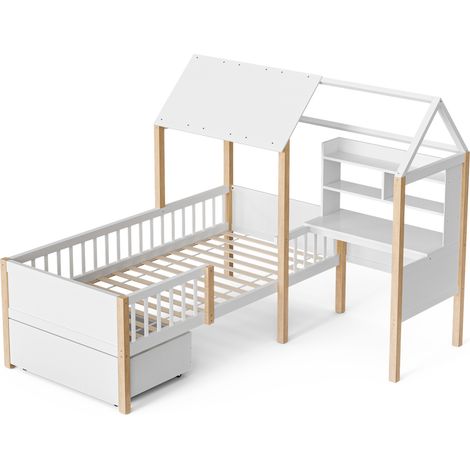 (ancien SKU: W2845S00049) Lit enfant 90 x 200 cm avec barrière de sécurité et sommier à lattes, bureau en L et bibliothèque, tiroirs à roulettes, lit cabane multifonctionnel en bois massif, blanc (1/5)