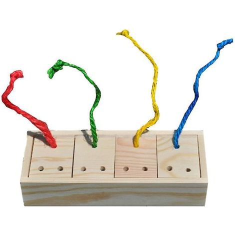 Holzkiste zur Förderung der Intelligenz von Vögeln und zur Fütterung von Wellensittichen und Nymphensittichen mit einem Holzfutterspender. Ideal für das Vogeltraining, diese Kiste bietet Platz für (1/4)