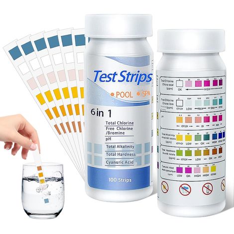 Bandelettes Test Piscine Pour Piscines, Bandes Test Qualité d'eau, Bandes Test Eau pour Tester Chlore Libre, Le Brome, la dureté Totale, l’alcalinité Totale, l’Acide cyanurique pH (1/5)