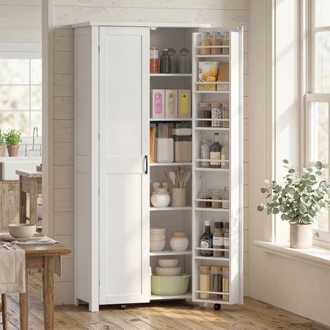 Meuble de cuisine moderne : roulettes, 2 portes, 14 compartiments, couleur blanche. (1/5)