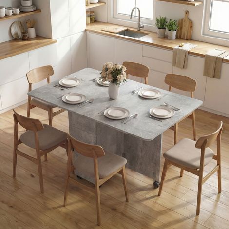 Table à manger Bois Gris pliante roues 2 tiroirs portes meuble béton 140x76x74 cm