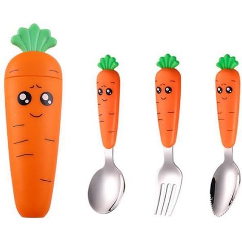 3 Pièces Set de Couverts en INOX Enfant,Couverts Enfants en INOX, Fourchette et Cuillère Avec 1 boîte de rangement pour carottes (1/4)