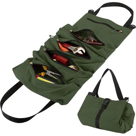 Sac De Rangement Pour Outils - Rouleau Organisateur En Toile Épaisse Avec 5 Poches À Glissière - Pour Clés À Molette, Douilles, Tournevis - Vert Armée - 1 Pièce (1/5)