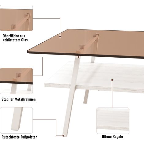 Table basse en verre trempé, rectangulaire, pieds métalliques, table de salon moderne, blanc et marron, H42,5 x L98 x P58 cm (1/5)