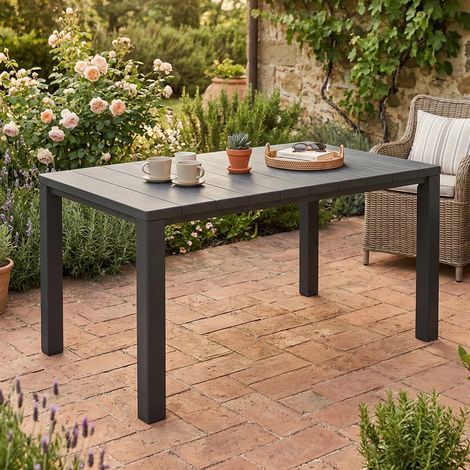 Dmora - Mesa de jardín Listowel, Base de picnic, Mesa de comedor de jardín, Banco multiusos para exterior, 147x90 h75 cm, Antracita (1/5)