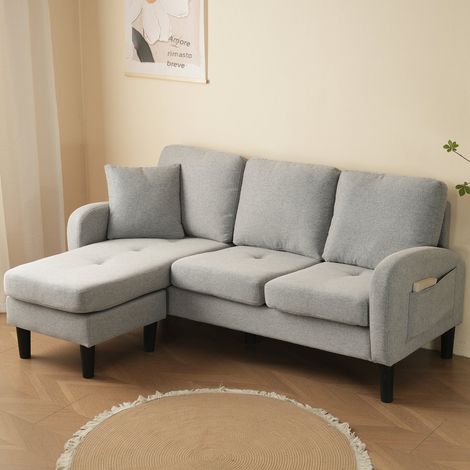 Canapé d'Angolo Modulare 166x118x77 cm 3 Posti con Méridienne Amovibile, Tessuto Misto Cotone-Lino Traspirante, Struttura Solida, Colore Grigio (1/5)