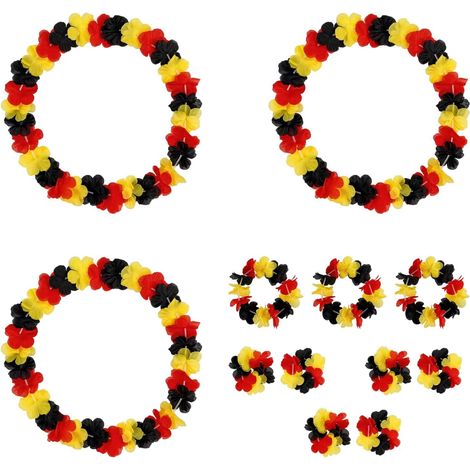 Lot de 3 Sets Collier Hawaien Fleurs Noir Rouge Jaune (12 Pièces), accessoire supporter pour matchs de football, décoration fan de foot pour fêtes, 3 colliers, 3 bandeaux et 6 bracelets