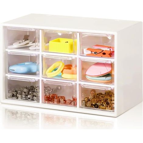 Schubladen-Aufbewahrungsboxen, RISVOWO Kunststoff-Aufbewahrungsturm mit 9 Schubladen, weißer und transparenter Schreibtisch-Organizer, Schubladen-Aufbewahrungsspind für Make-up, Schmuck, Bürobedarf, S
