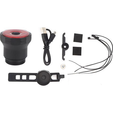 Phare arrière vélo étanche IPX6 avec chargeur USB, lumière intelligente freinage, coque alliage aluminium noir, accessoire cyclisme sécurité (1/5)