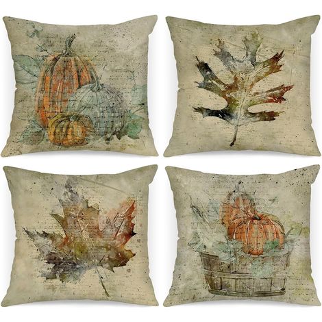 Juego de 4 fundas de cojín decorativas de otoño, 45x45 cm, con diseño de calabaza y hoja de arce en acuarela. Funda de cojín decorativa (1/5)
