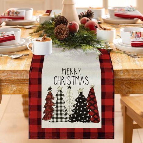 Chemin de table rouge pour Noël – Napperon de Noël moderne en lin, 180 cm x 34 cm, style américain (1/5)