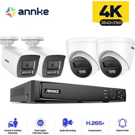 ANNKE 4PCS 12MP Sistema di telecamere di sorveglianza interni esterni, rilevamento di persone/veicoli, accesso remoto per visione notturna a colori, 2 Bullet + 2 Torri Telecamere 0TB (1/5)