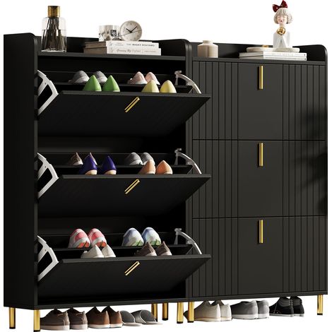 Lot de 2 meubles à chaussures étroits, 3 abattants et 6 compartiments, noir mat, MDF, 80 x 23 x 123,5 cm chacun (1/5)