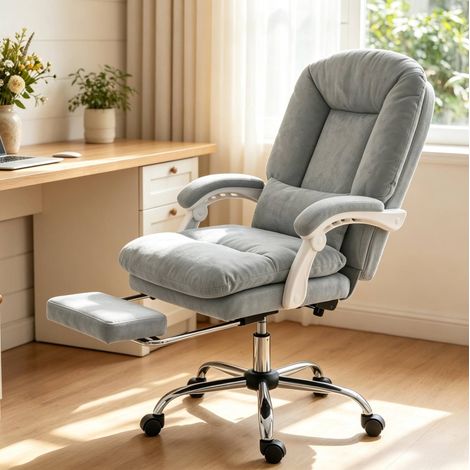 Silla de oficina ergonómica de terciopelo, reclinable hasta 155°, con reposapiés, gris DESVIAE (1/5)