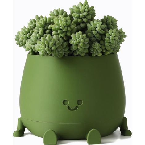 Pot de Fleurs Souriant, Pot en Plastique 13,3 cm, Pot à arrosage Automatique avec Trous de Drainage pour intérieur/extérieur, Pot pour succulentes, Pot de Fleurs Amusant, Vert foncé (1/5)
