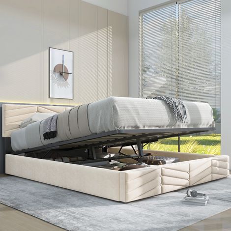 Lit rembourré 140×190cm beige velours hollandais,base et tête lattes,tête réglable,pour adultes et adolescents,support bois,montage facile
