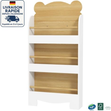 Bibliothèque Étagère à Livres Enfants Étagère de Rangement Jouets pour Enfants Porte-revues 3 Compartiments Ouverts - Bois Certifié PEFC - 55x15x110cm Blanc (1/5)
